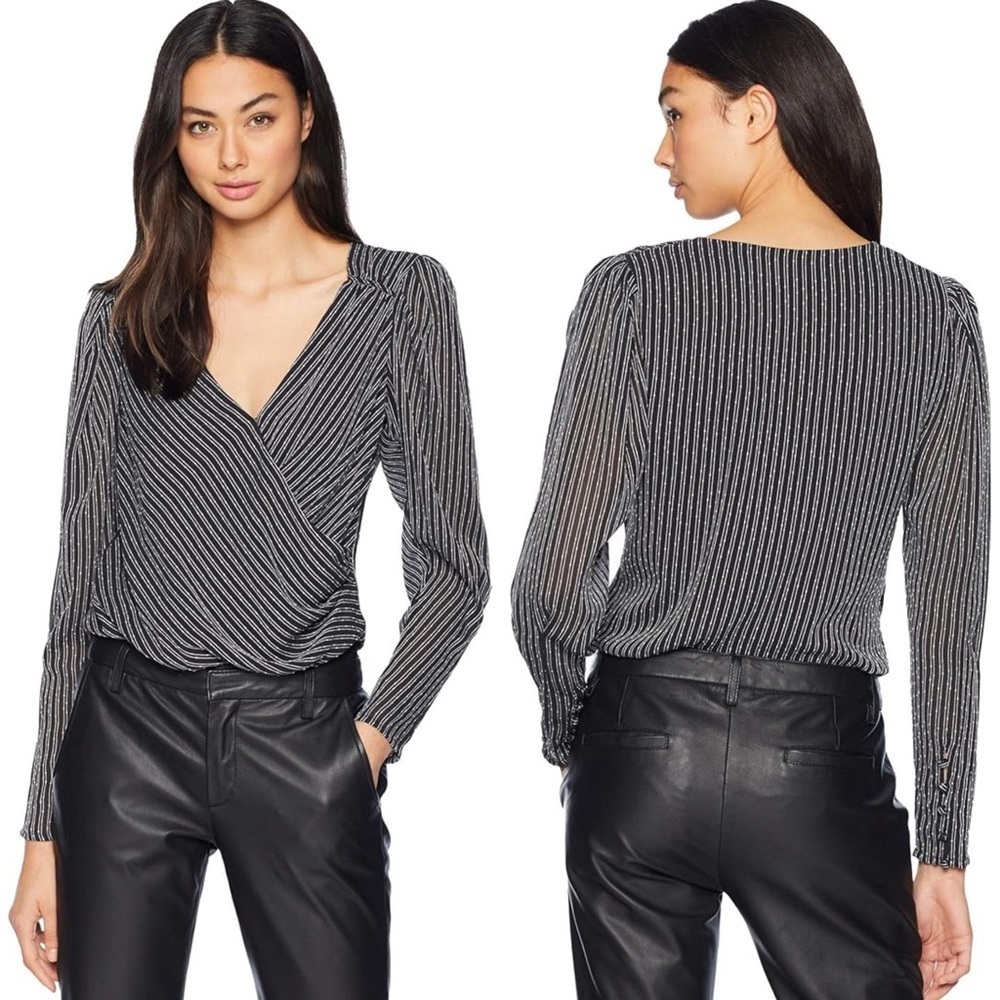 ASTR the Label Bernadette Black White Stripe Surplice Bodysuit Size Medium NWT - Picture 2 of 7